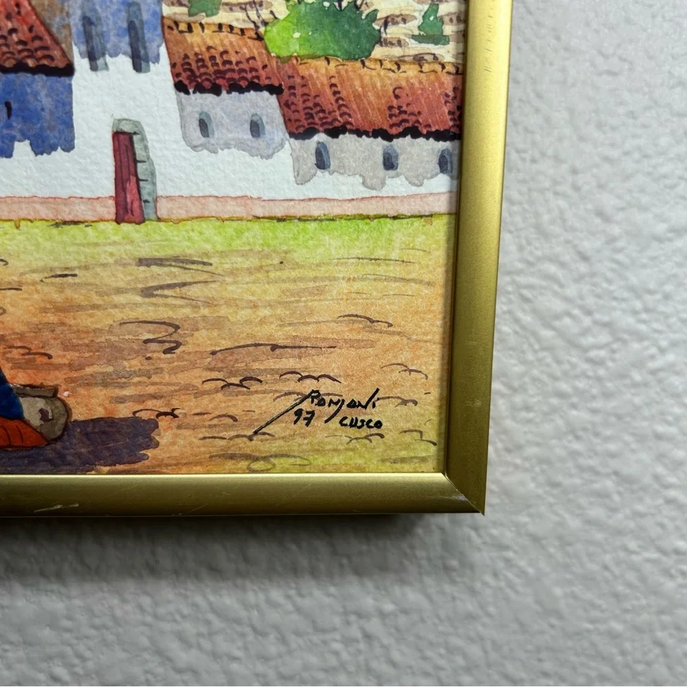 Vintage 1997 Original Signed Framed Watercolor Paint  Cultural Villa Cusco Peru